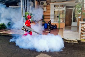 Profissional de controle de pragas utiliza uma máquina de fumaça para fumigar a área externa de uma residência.