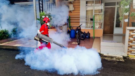 Profissional de controle de pragas utiliza uma máquina de fumaça para fumigar a área externa de uma residência.